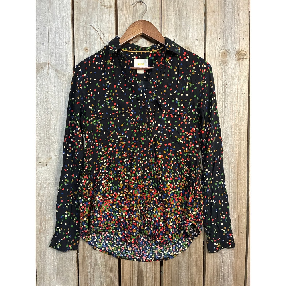Maeve Anthropologie Confetti Polka Dot Button Down Blouse Black Multi Color Sz 4